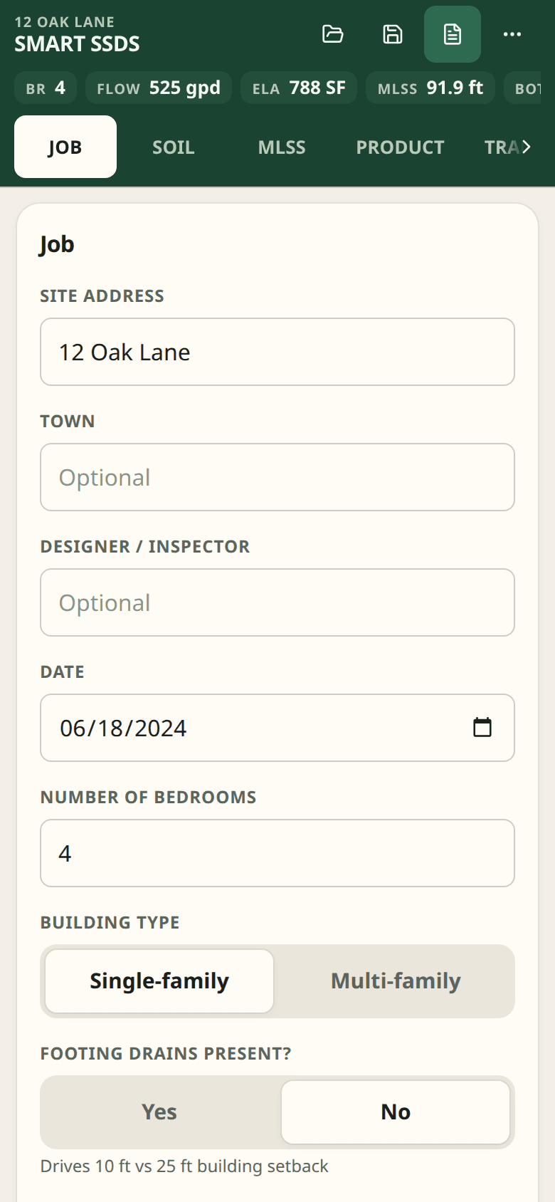 Smart SSDS™ Job tab on a phone, 12 Oak Lane sample